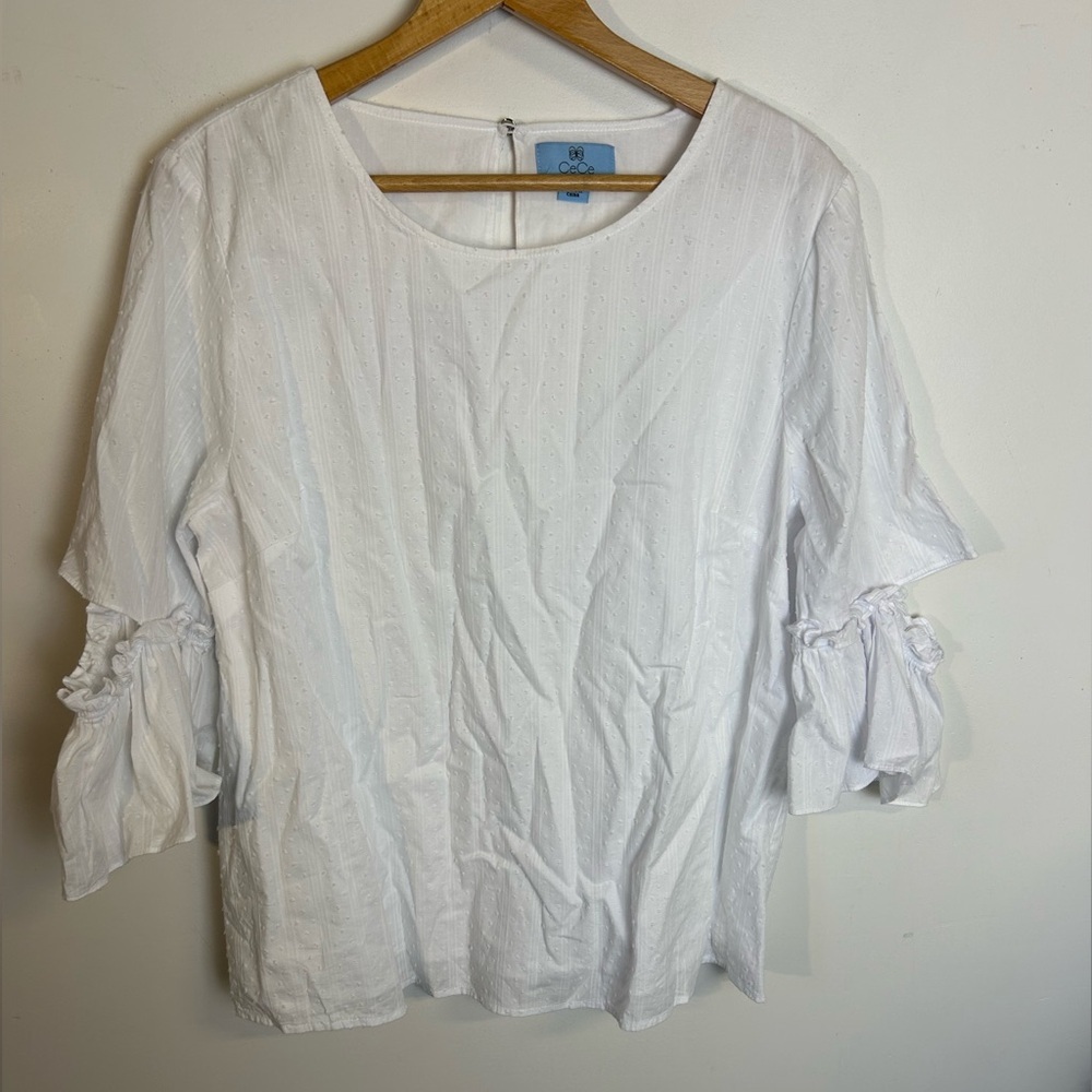 Cece White Women's Top Size L flare Sleeve Textured popcorn 100% cotton Natural